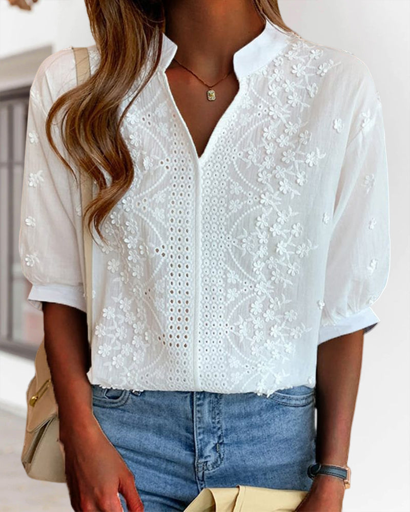 Women's white V-neck blouse with puff sleeves and patchwork detail, cotton-lace blend