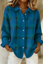 Women soft knit plaid cardigan relaxed fit retro style
