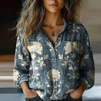 Women's cotton blouse with vintage print and long sleeves, relaxed fit summer shirt