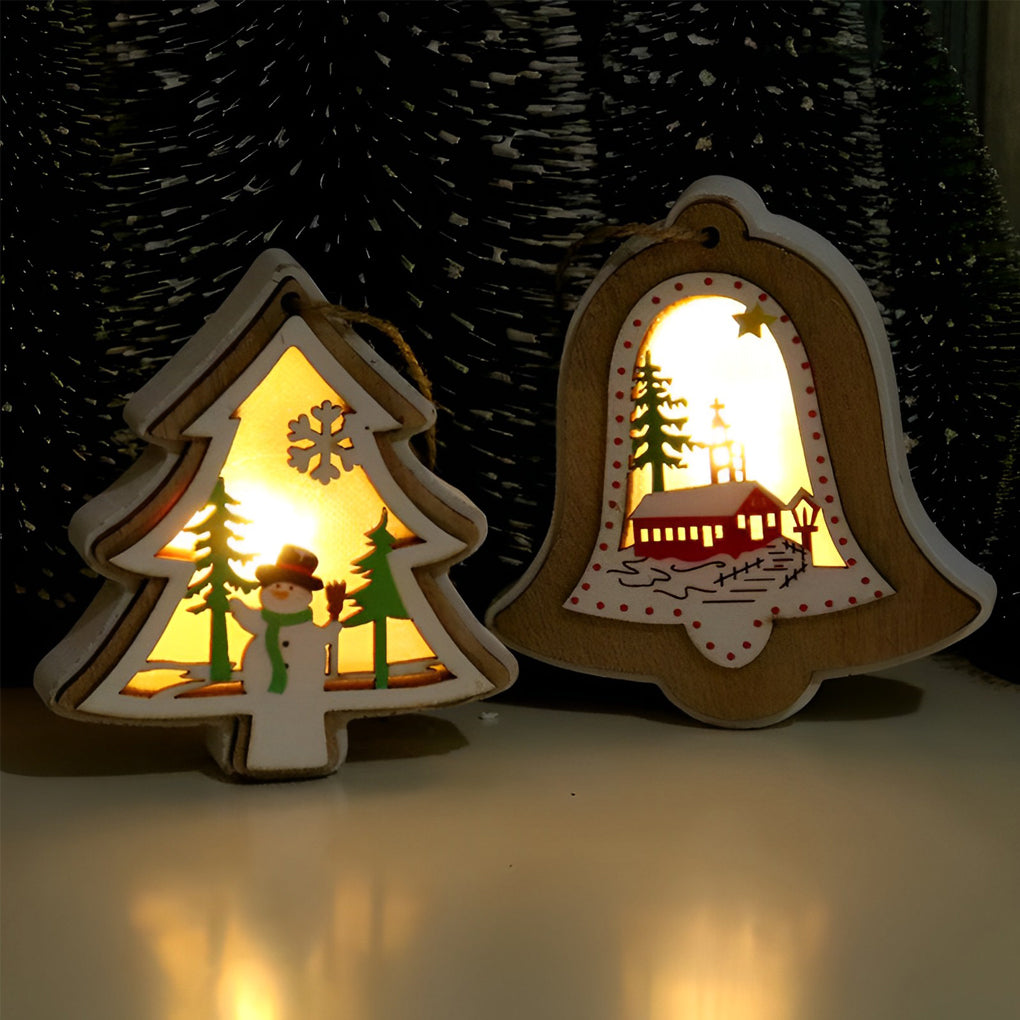 Wooden Christmas ornaments set of 2, modern natural wood, bell star tree gift shapes