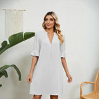 Women V-Neck Knee Length Dress with Ruffle Detail in Black Blue White Green