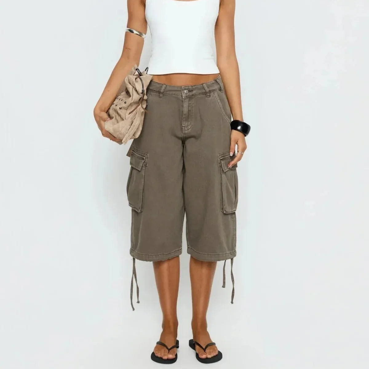 Women's camo cargo shorts longline baggy fit with flap pockets, streetwear style