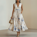 Women flowy pleated midi dress in beige, lightweight casual summer style