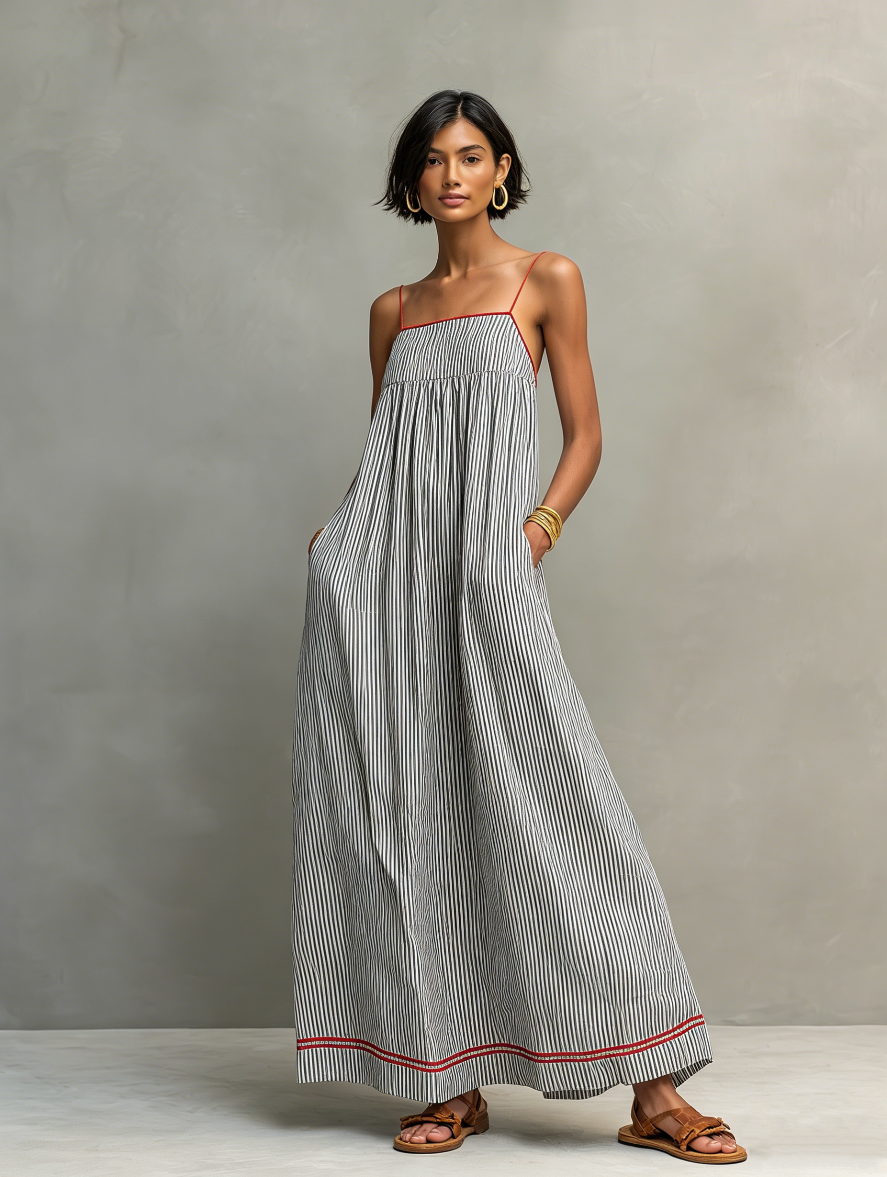 Women's striped maxi dress with spaghetti straps and red trim detail