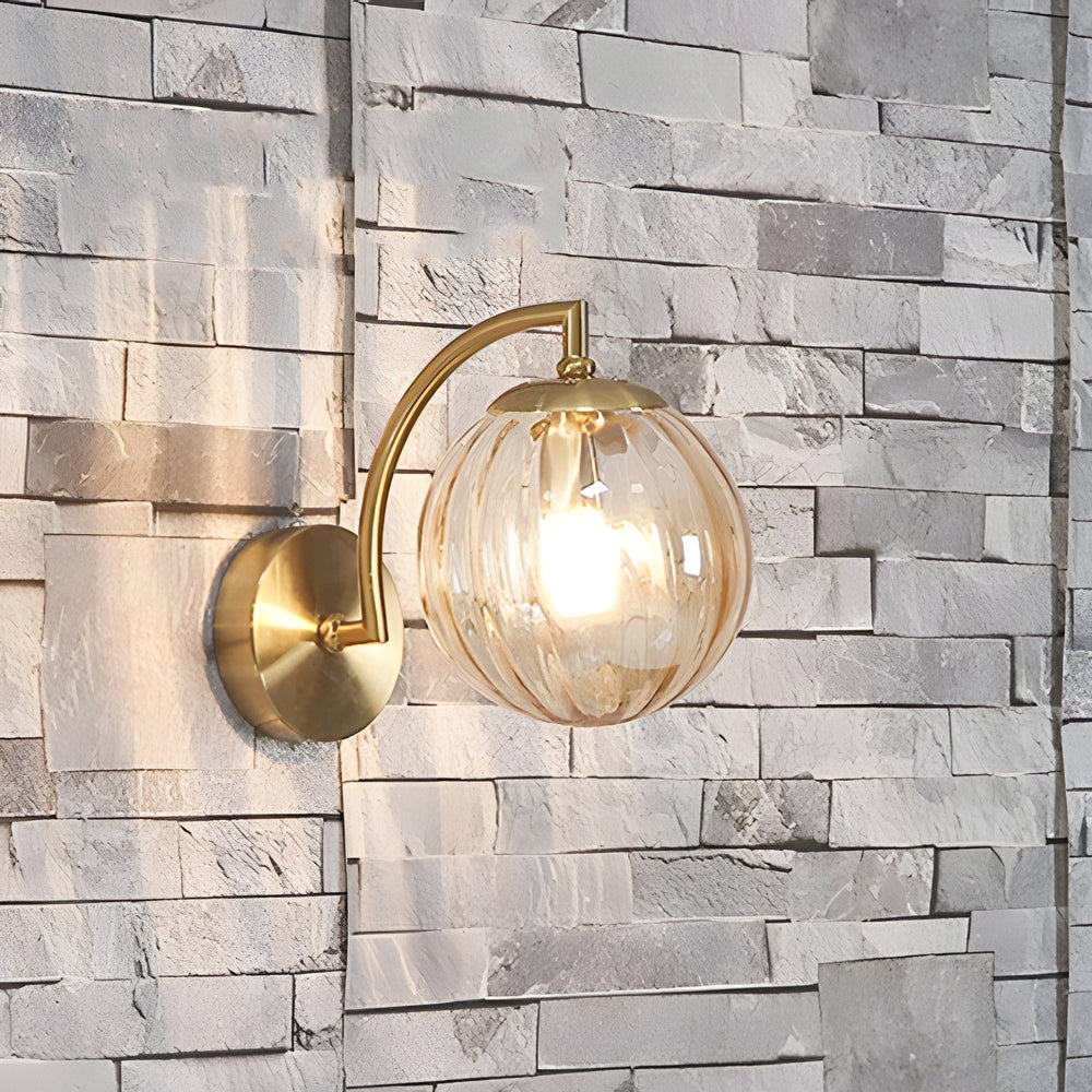 Wall lamp curved arm spherical ribbed glass shade gold finish modern indoor