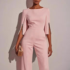 Women's wide leg jumpsuit with pearl split sleeve detail, relaxed fit in white pink black