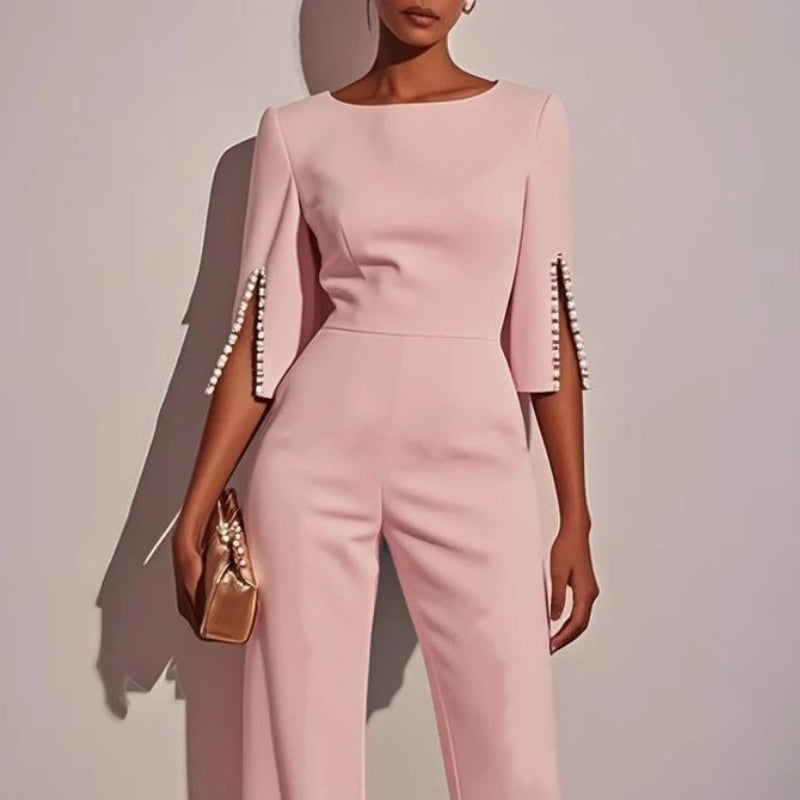 Women's wide leg jumpsuit with pearl split sleeve detail, relaxed fit in white pink black