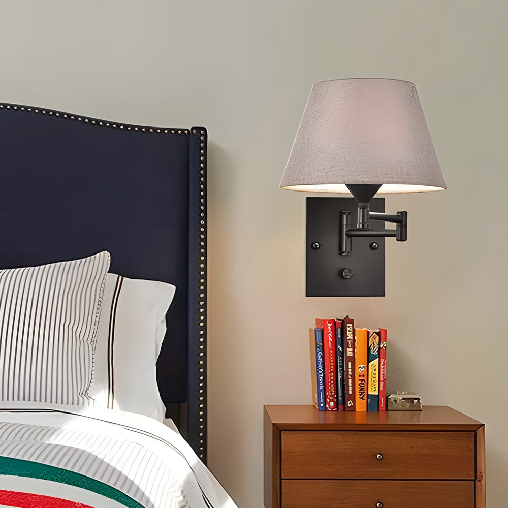 Swing arm wall lamp plug-in with linen shade and black iron frame, 1-light