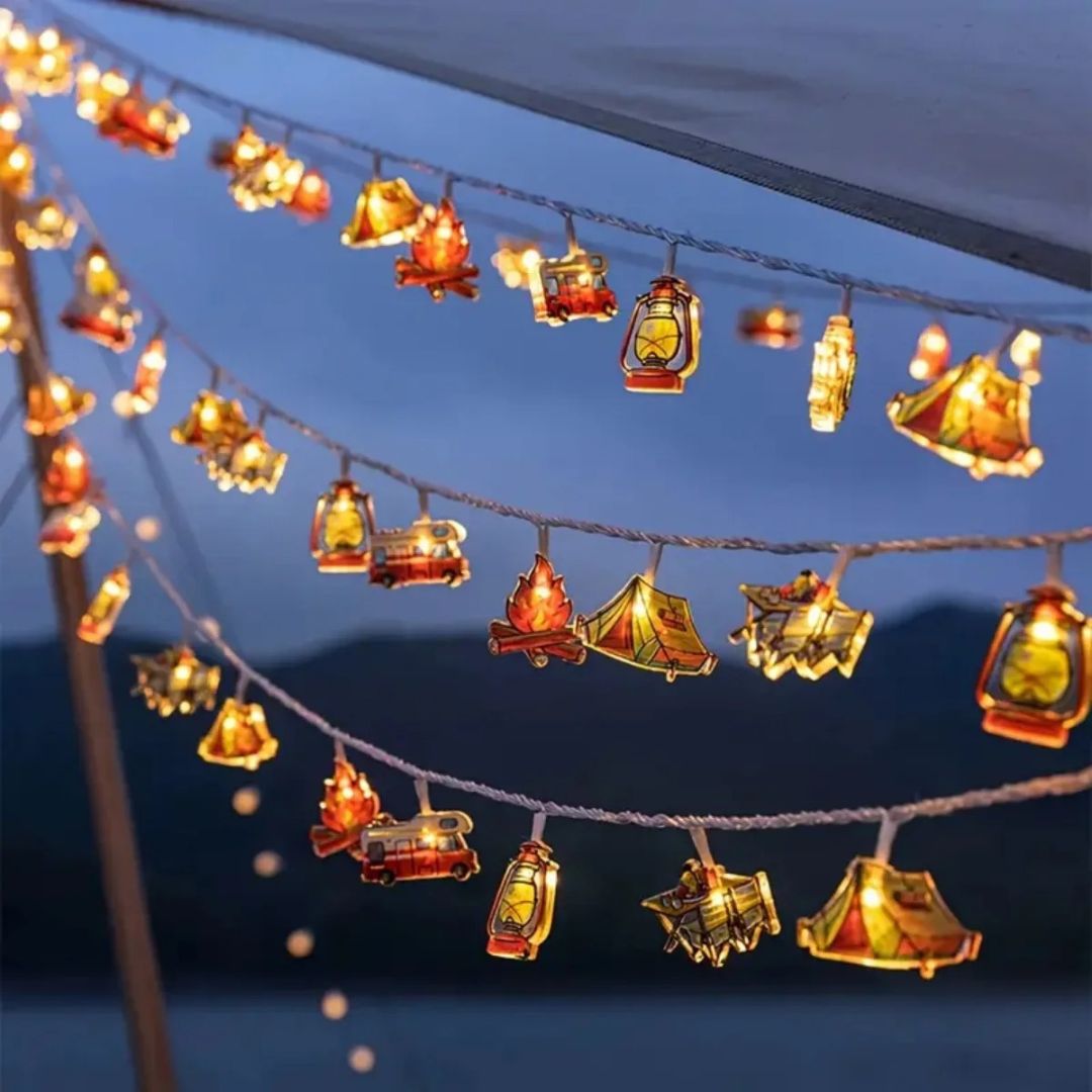 LED camping string lights with warm white tent and camper figures, battery operated