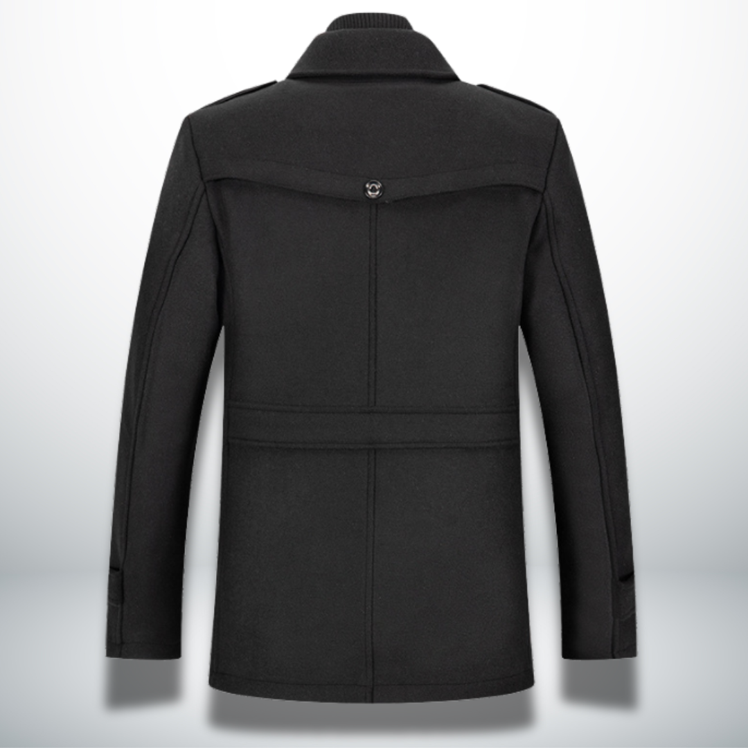 Men double breasted overcoat mid-length with zip-in bib and notch lapel