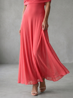 Women off shoulder draped midi dress with sheer overlay and flowing skirt