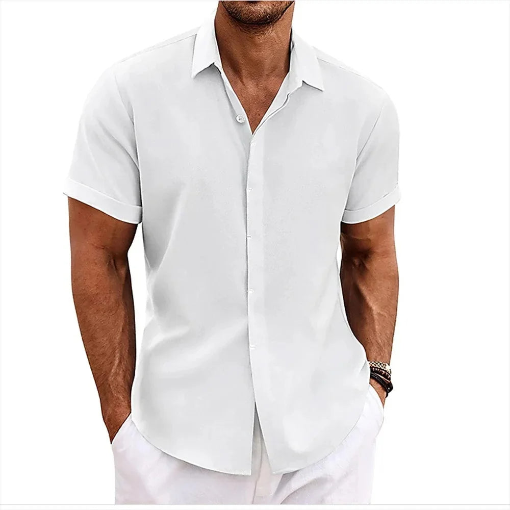 Men's linen shirt short sleeve double button placket lightweight summer