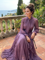 Women tie neck ruffle tiered maxi dress long sleeve purple flowing