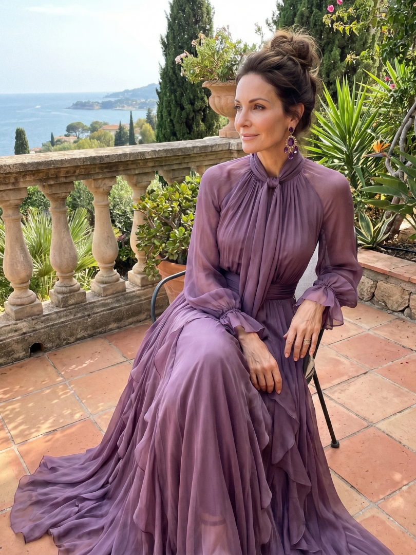 Women tie neck ruffle tiered maxi dress long sleeve purple flowing