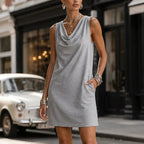 Mini Dress Women Cowl Neck Sleeveless Shift Side Pockets