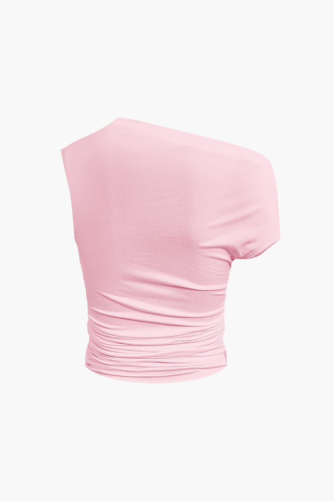 Women's two-piece set with one-shoulder top and draped mini skirt, asymmetric knot detail
