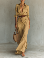 Women's maxi dress with lapel V-neck, belted waist and long sleeves in cotton tencel
