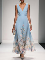 Women's floral print wedding guest dress, A-line V-neck flowing silhouette