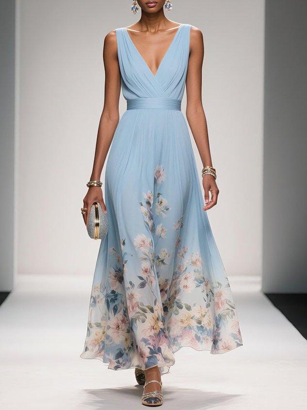 Women's floral print wedding guest dress, A-line V-neck flowing silhouette