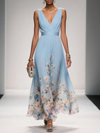 Women's floral print wedding guest dress, A-line V-neck flowing silhouette