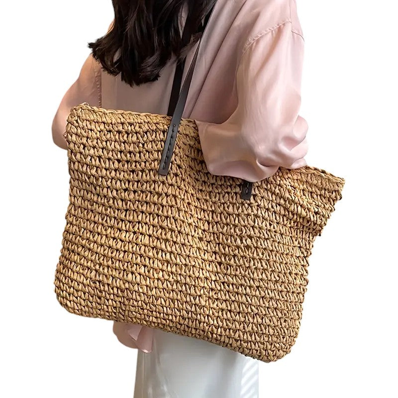 Women woven tote bag spacious lightweight shoulder bag