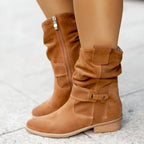 Women faux suede knee high boots slouchy block heel side zip