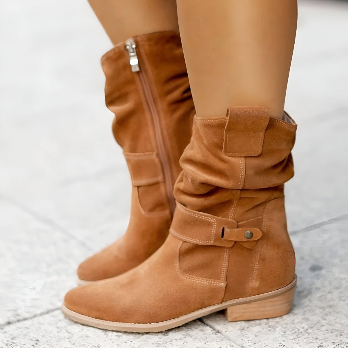 Women faux suede knee high boots slouchy block heel side zip