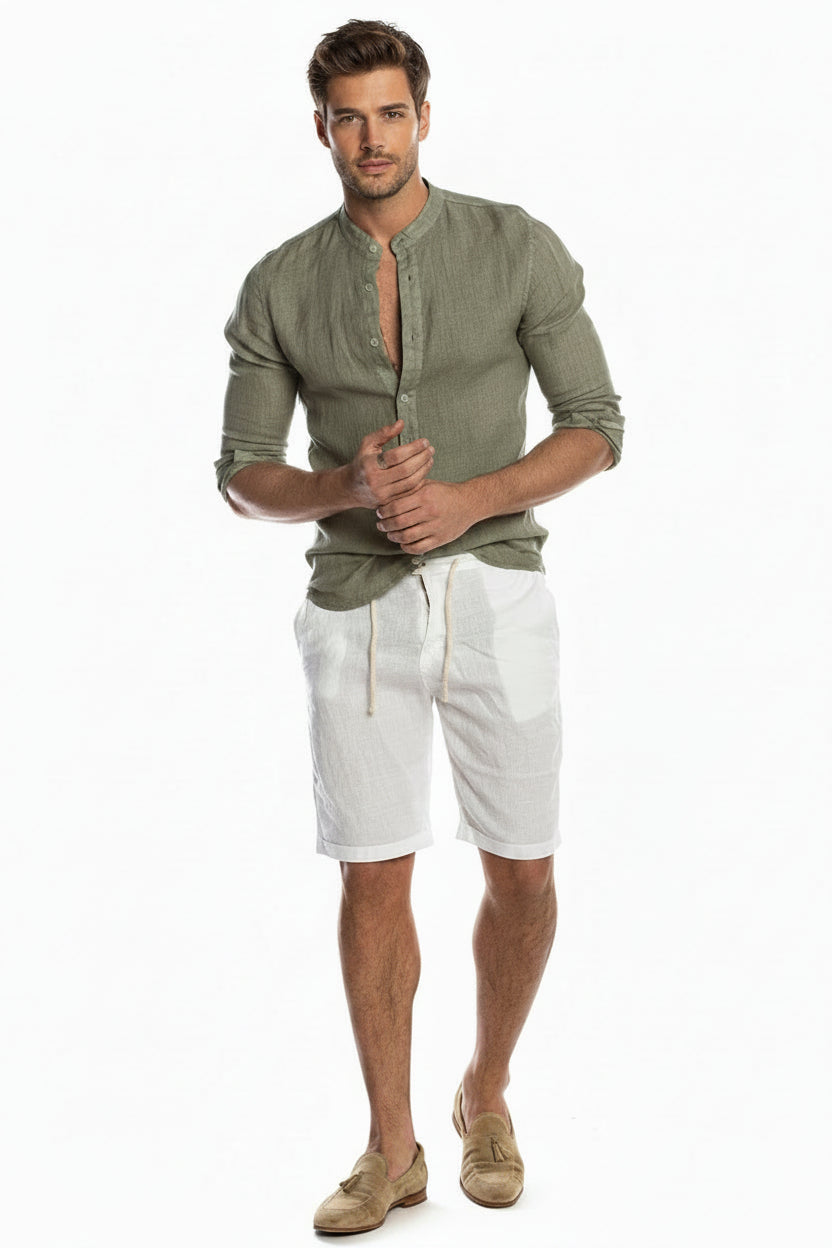 Men's green button-up shirt with classic collar, casual summer regular fit