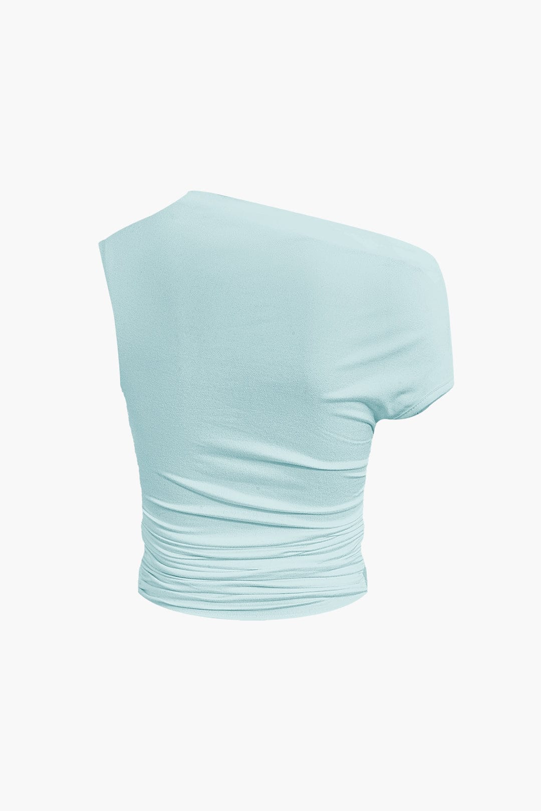 Women's two-piece set with one-shoulder top and draped mini skirt, asymmetric knot detail