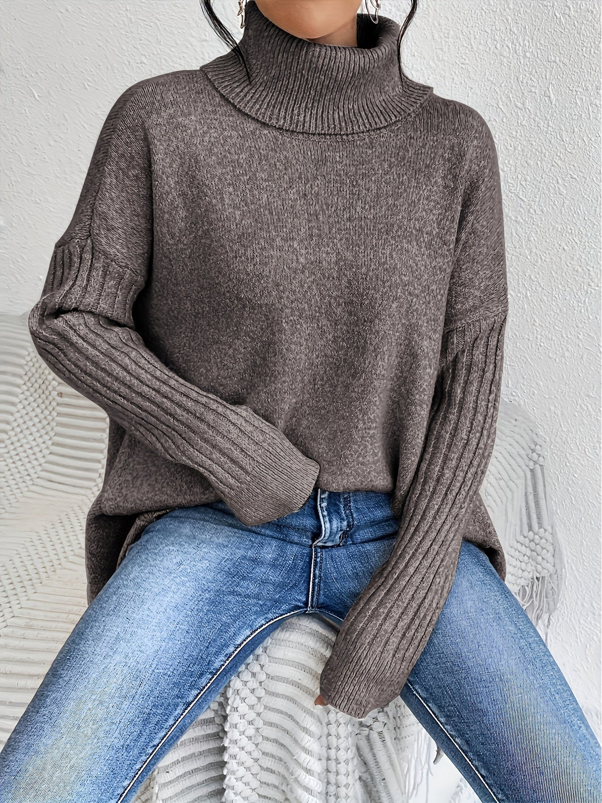 Women knit sweater high neck asymmetric hem relaxed fit