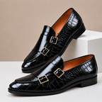 Men's leather loafers with double monk strap buckles and almond toe, crocodile-embossed finish