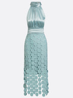 Halter midi dress with satin bodice and circular appliqué skirt, occasion wear