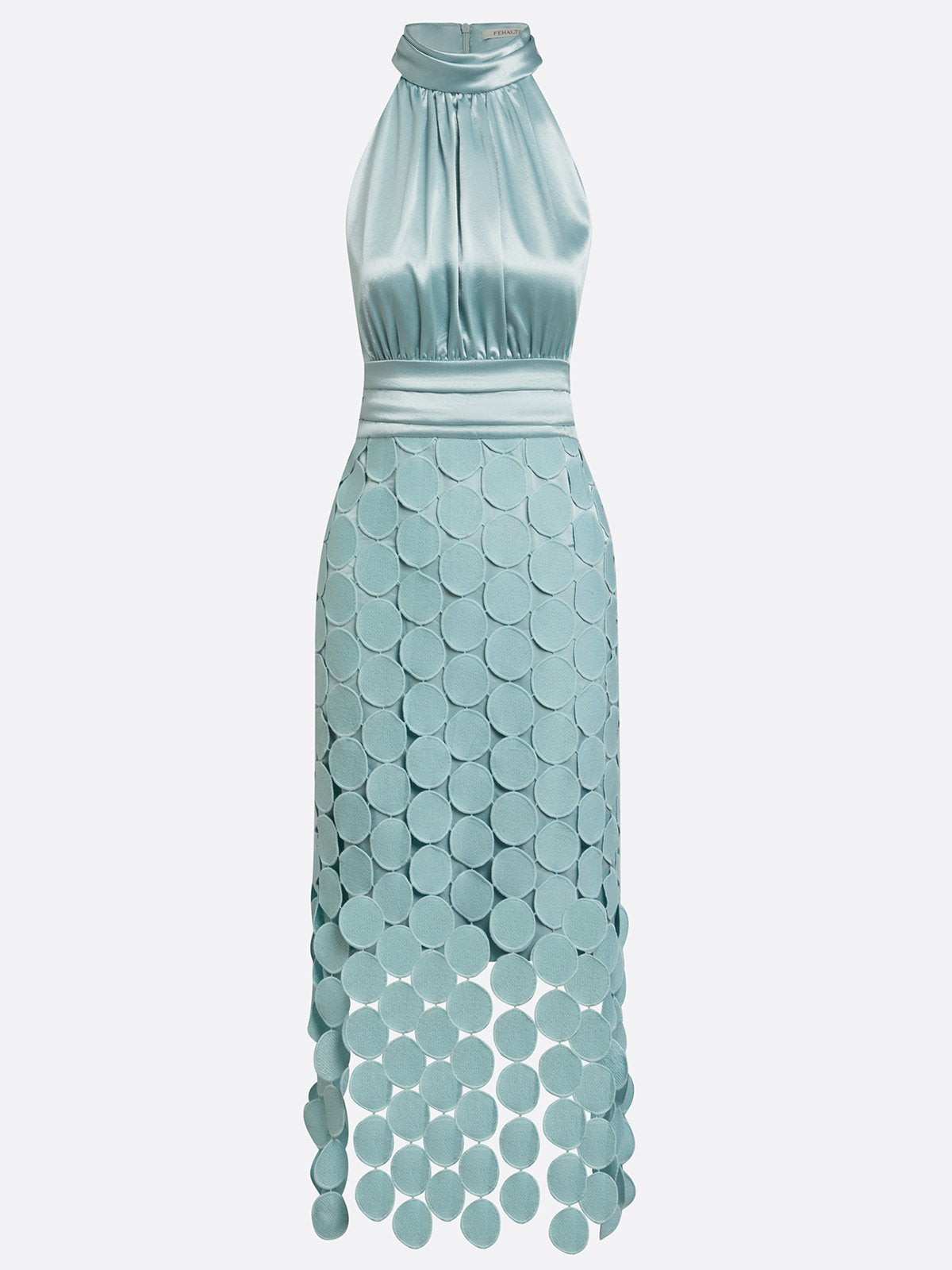Halter midi dress with satin bodice and circular appliqué skirt, occasion wear