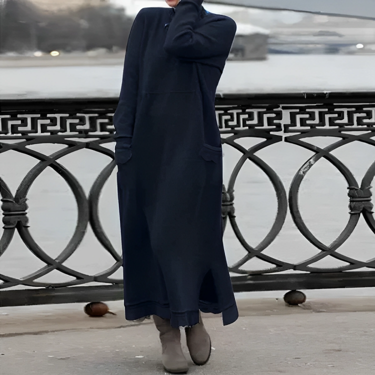 Women's winter knit midi dress with pockets and side slit, available in multiple colours