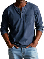 Men's long sleeve henley shirt, casual relaxed fit, available in multiple colors