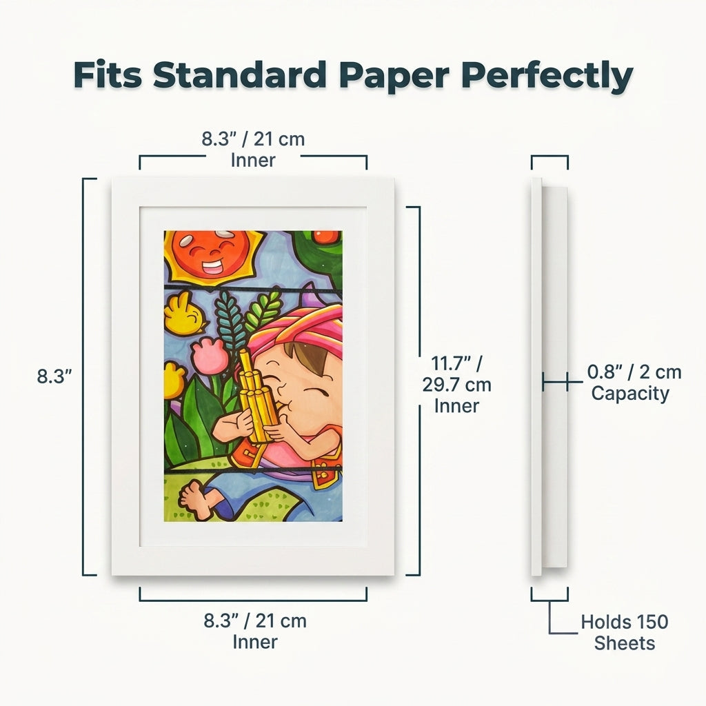 Kids drawing display frame rotating art frame stores 150 drawings, available in multiple colors