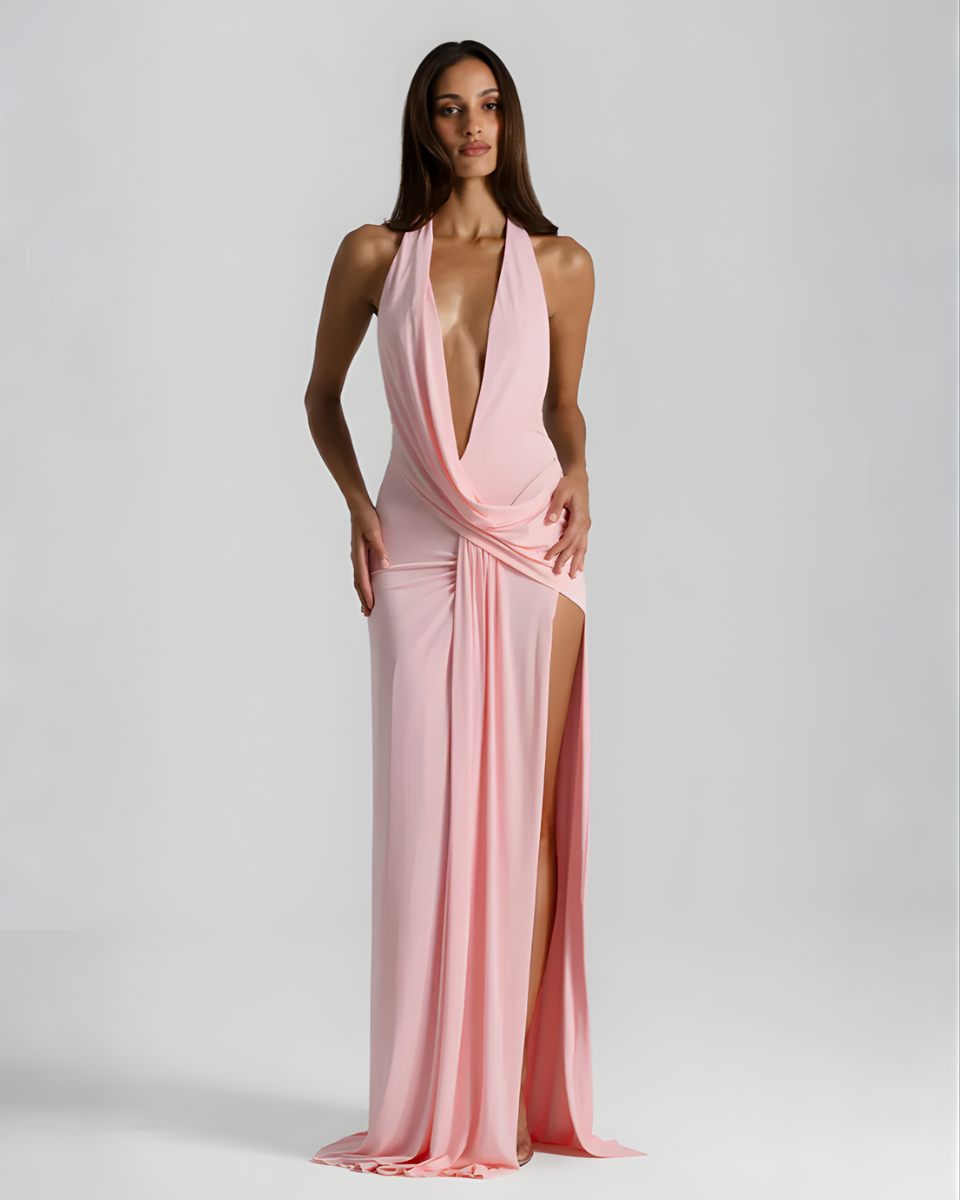 Halter neck backless maxi dress with high side slit, flowing silhouette for evening events