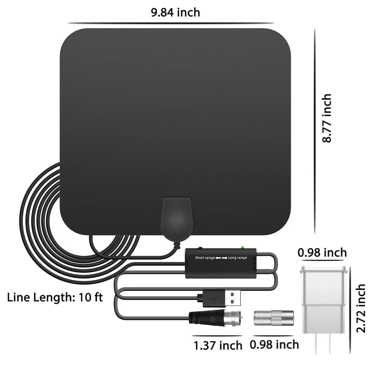 Indoor HDTV antenna with 300-mile range and signal booster, slim black design