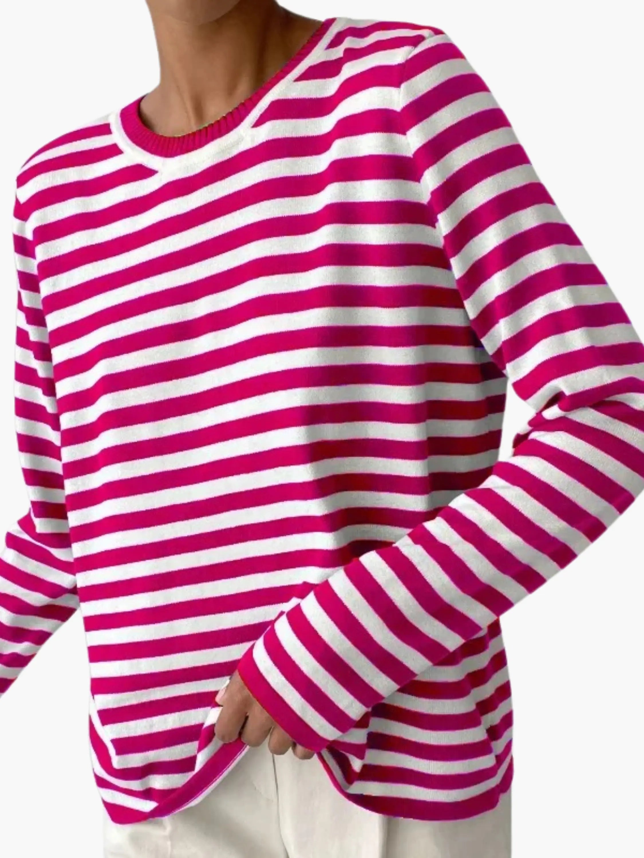Striped knit sweater women's relaxed fit round neck long sleeve