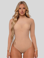 Women's mesh bodysuit long sleeve with mock neck, sheer second-skin harness layering style