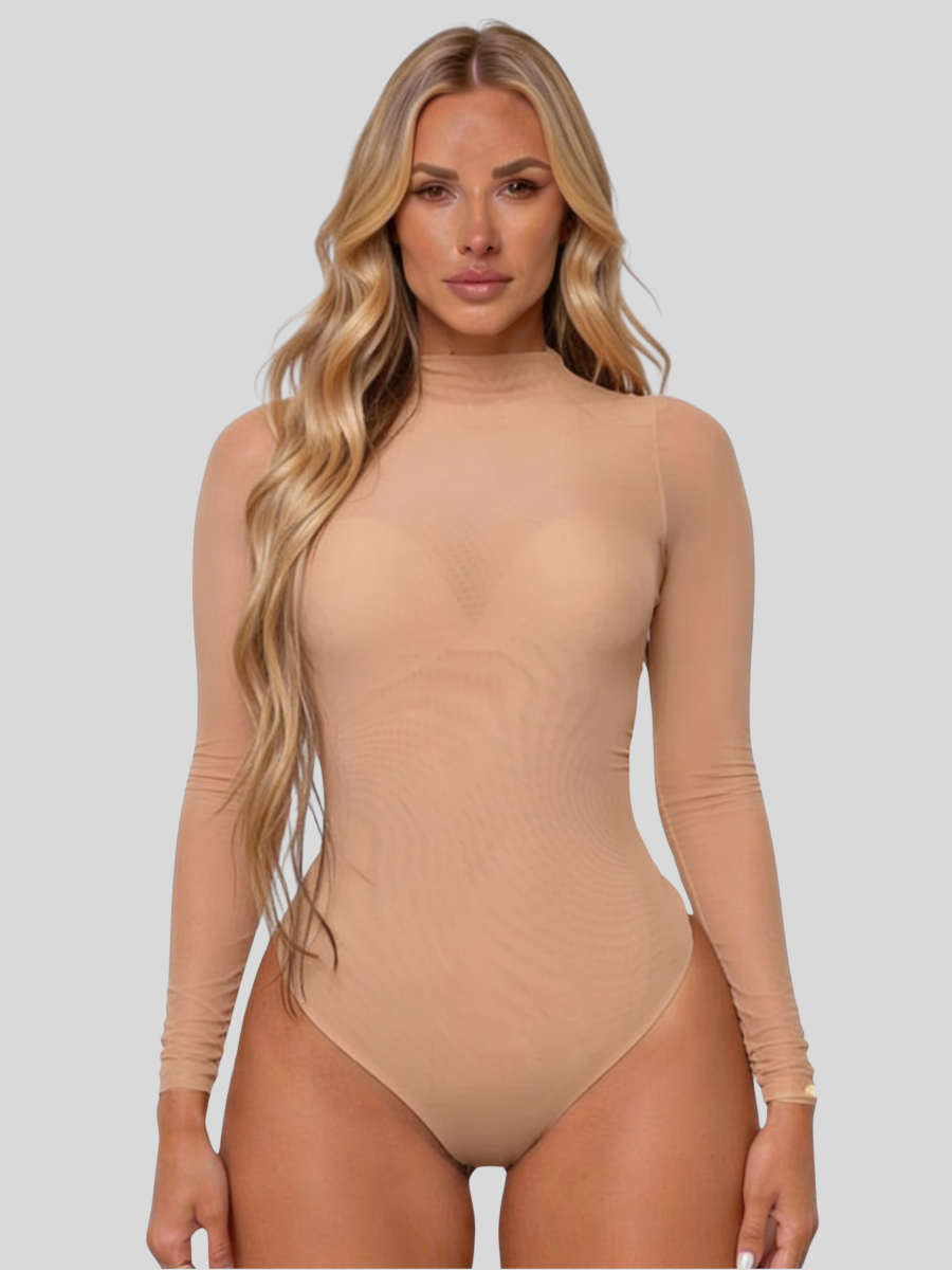 Women's mesh bodysuit long sleeve with mock neck, sheer second-skin harness layering style