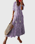 Boho summer dress with V-neckline, vintage bohemian style, lightweight and breezy