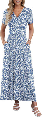 Women's bohemian maxi dress with crossover V-neckline, empire waist and side pockets