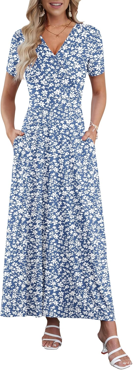 Women's bohemian maxi dress with crossover V-neckline, empire waist and side pockets