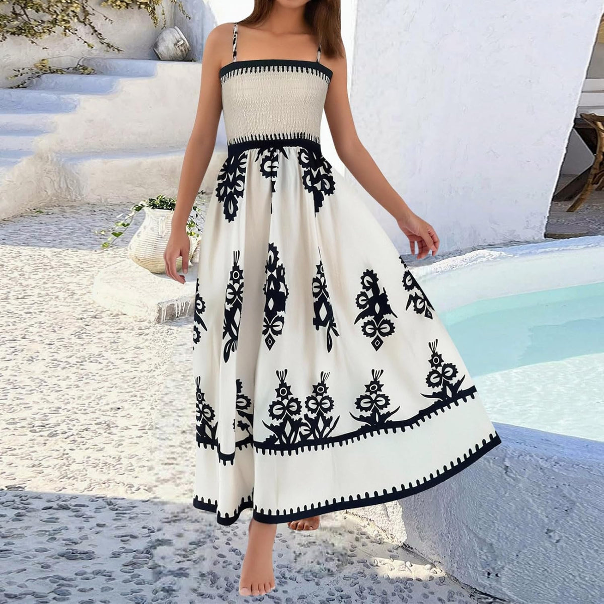 Women's bohemian smocked maxi dress, square neck sleeveless white print