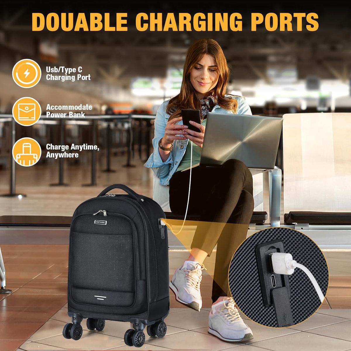 Rolling laptop backpack 30L black with 4 spinner wheels and water-resistant nylon