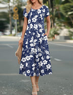Women's blue midi A-line dress with puff sleeves and pockets