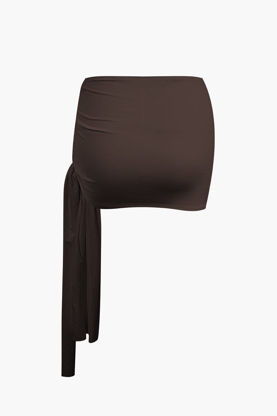 Women's two-piece set with one-shoulder top and draped mini skirt, asymmetric knot detail