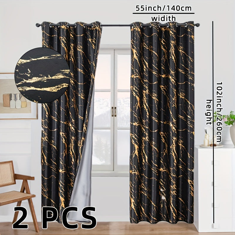 2 Pack Blackout Curtains Gold Foil Marble Grommet Top for Bedroom Living Room