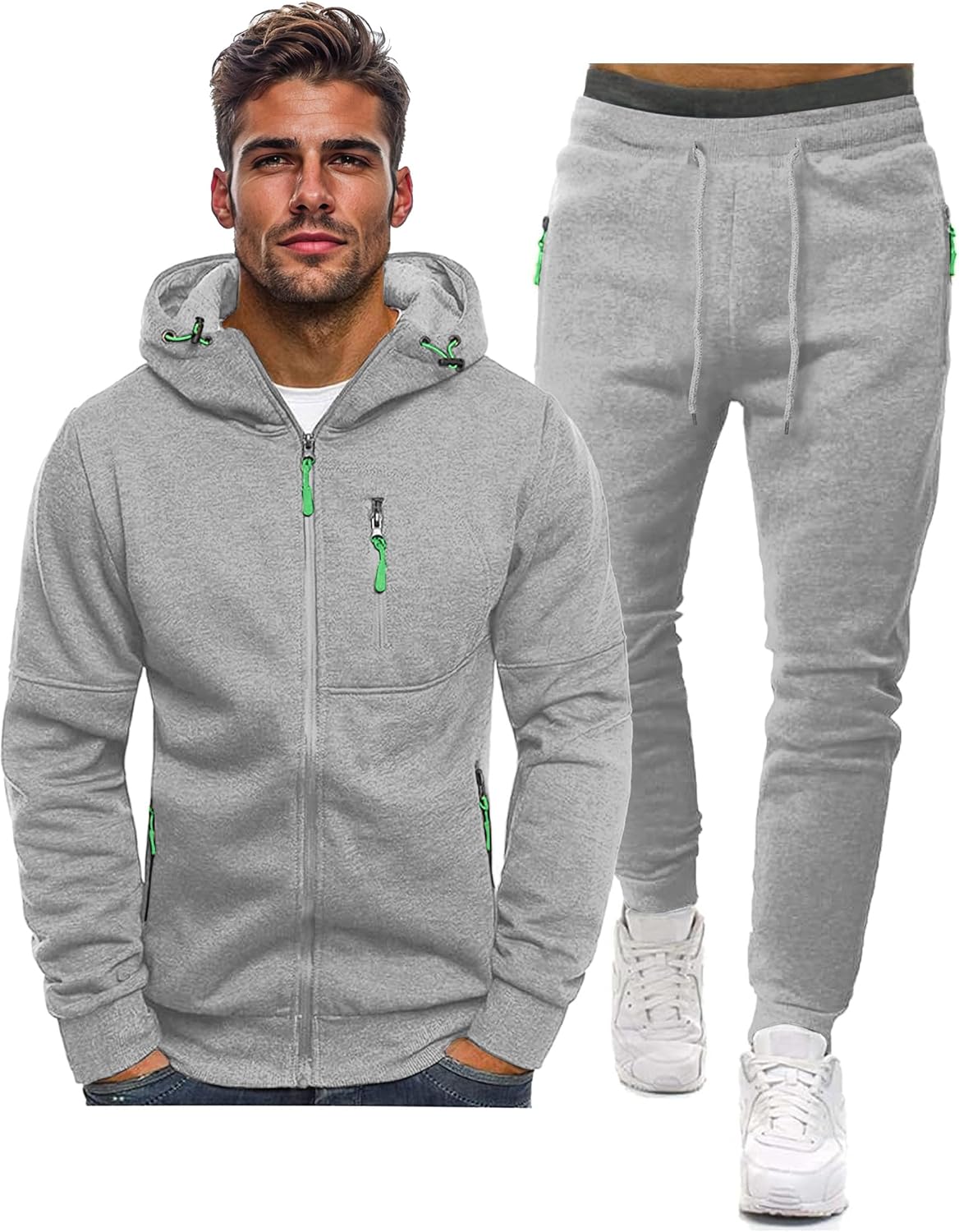 Men's tracksuit set slim fit, lightweight breathable pullover and trousers, casual sporty